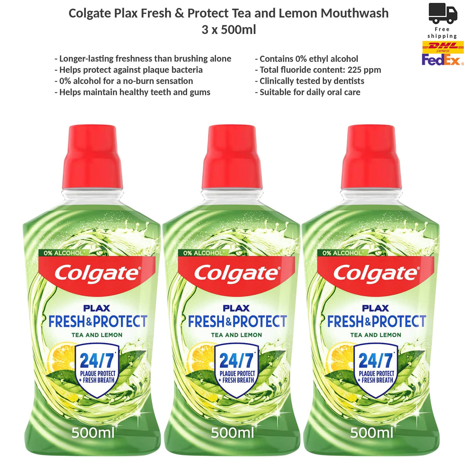 Colgate Plax Tea & Lemon Mouthwash Alcohol-Free for Fresh Breath 3x500ml