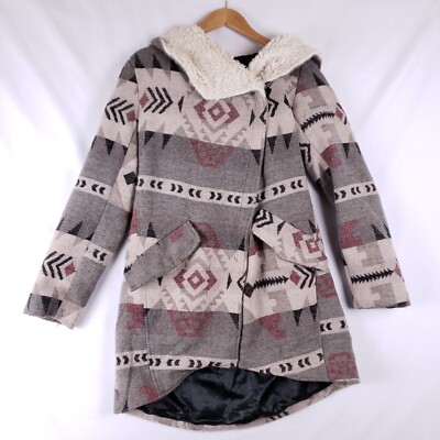 Me Jane Coat Women's L Beige Southwestern Pattern Hooded Faux Fur Lining Zip