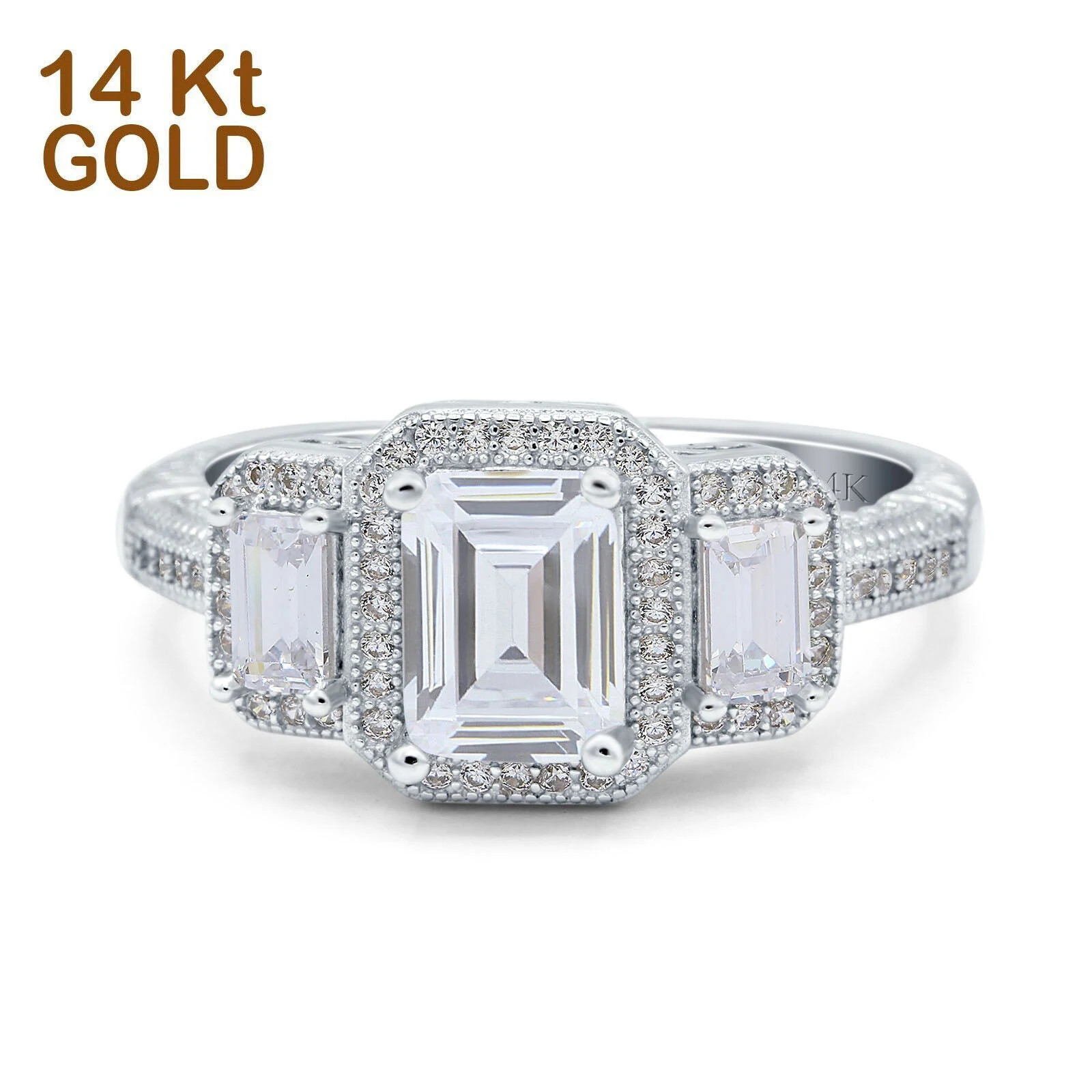 Pre-owned Blueappleco 14k White Gold Emerald Cut Halo Bridal Wedding Engagement Ring Simulated Cz