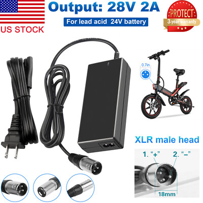 28V 2A Charger for 24V Electric Scooter E-Bike Lead Acid Battery Male 3 Pin XLR