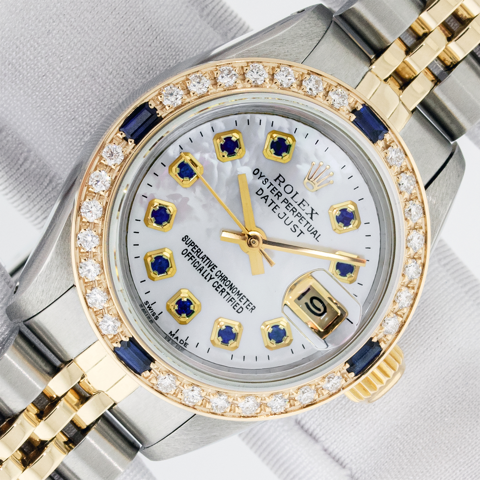 Rolex Lady DateJust 26mm MOP Sapphire Watch Steel and 18k Gold Diamond Bezel
