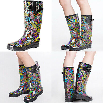 SheSole Womens Rubber Snow Wellingtons Rain Boots Printed Design Tall Buckle