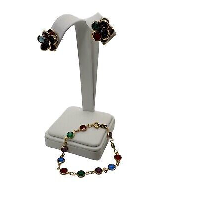 Signed Swarovski Vintage Bezel Crystal Bracelet Earrings Set Multicolor Green 7''