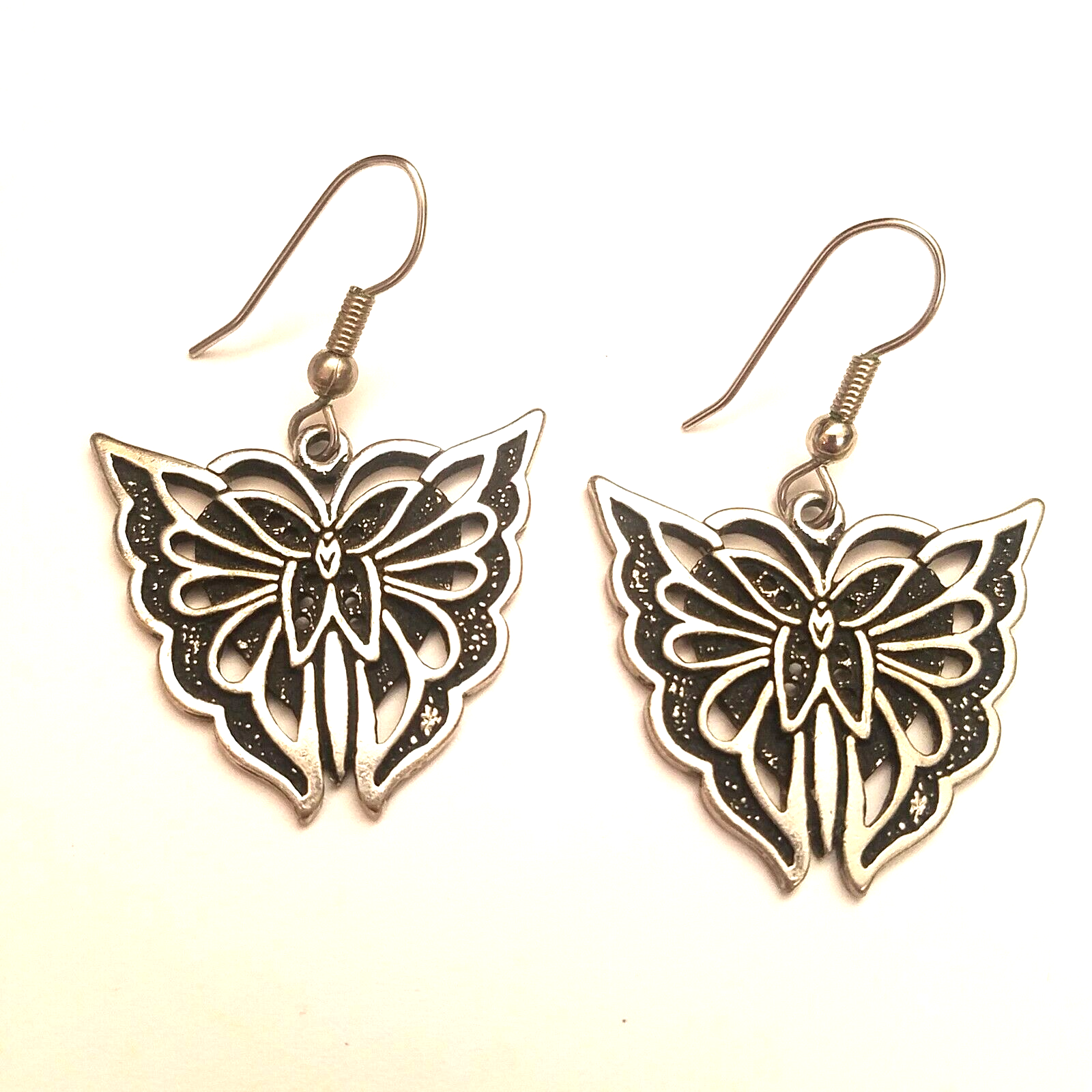 Butterfly Earrings Signed SW 89 Pierced Drop Dangle Gray
