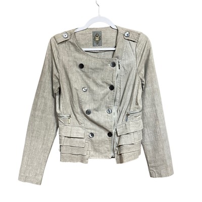 MK2K Womens Jacket Size Small Gray Asymmetric Zip Double Breasted Tiered Ruffle
