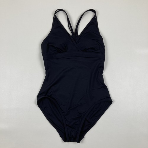 NWT LL Bean Black ReNew V Neck One Piece Swimsuit Lined Cups Strappy Size 6