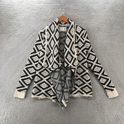 Element Waterfall Cardigan Sweater Womens M Black White Open Front Argyle Knit