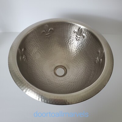 HOUZER Hand-Hammered Copper w/Pewter Bathroom Sink Round Fleur de Lis Orig $600
