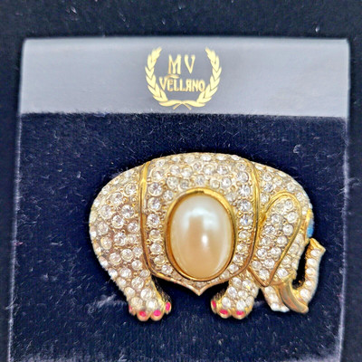 MV Vellano Elephant Brooch Rhinestones Pearl Cabochon Blue Eye Red Toes NWOT