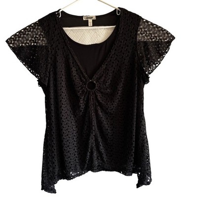 Dressbarn Womens 2X Black Lace Overlay V-Neck Blouse Top Romantic Made USA