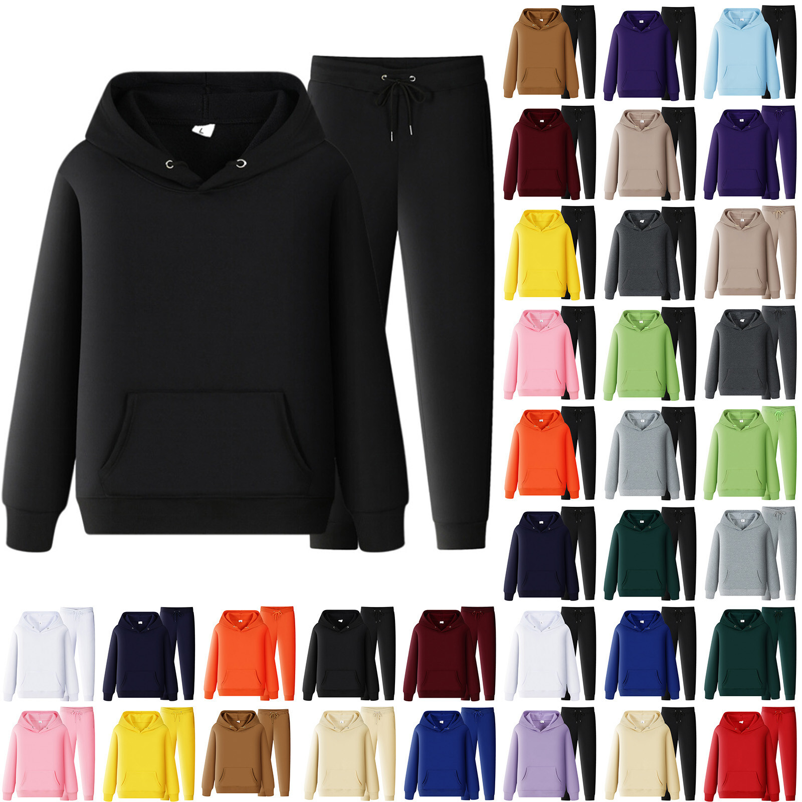 Mens Casual Sports Suit Autumn Winter Leisure Solid Hooded Sweatshirt Pants Sets