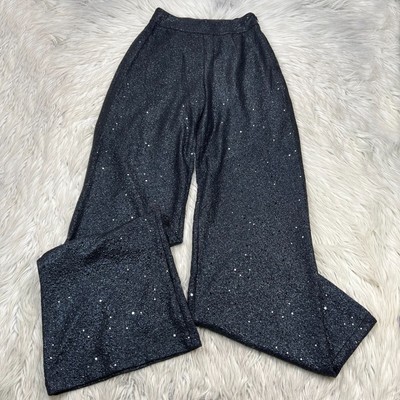 Neon Blonde Women's M Black Glitter Sequin Wide Leg Pant Trousers Liquid Shimmer