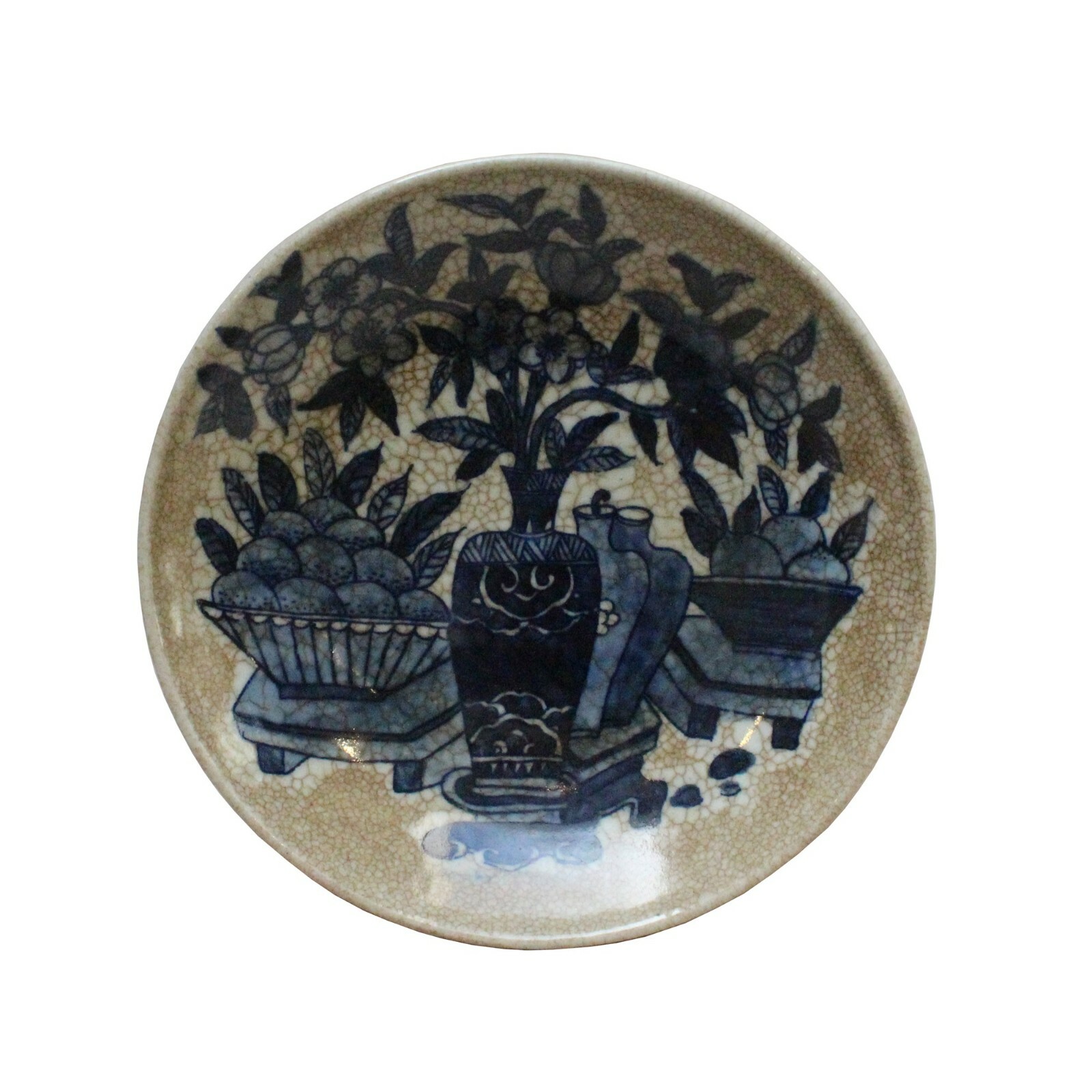 Chinese Beige Crackle Porcelain Fruits Vases Graphic Charger Plate ws774S Chinese Beige Crackle Porcelain Fruits Vases Graphic Charger Plate ws774S