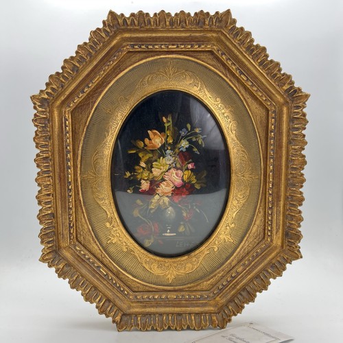 Quadro antico dipinto a olio su rame quadretto fiori cornice oro stile barocco