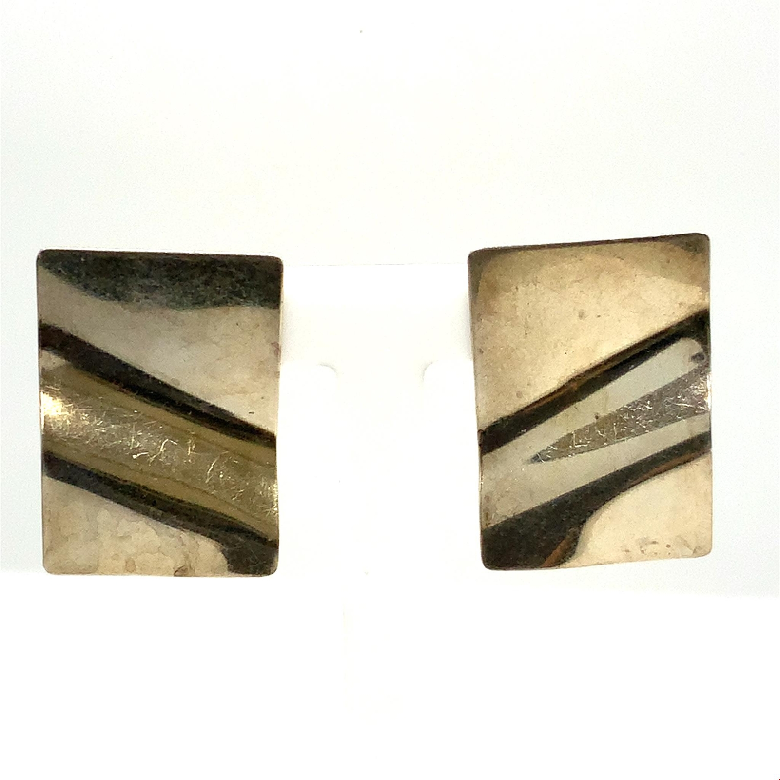 Vtg Sterling Signed JM Retro Modern Plain Polish Wavy Square Plate Stud Earrings