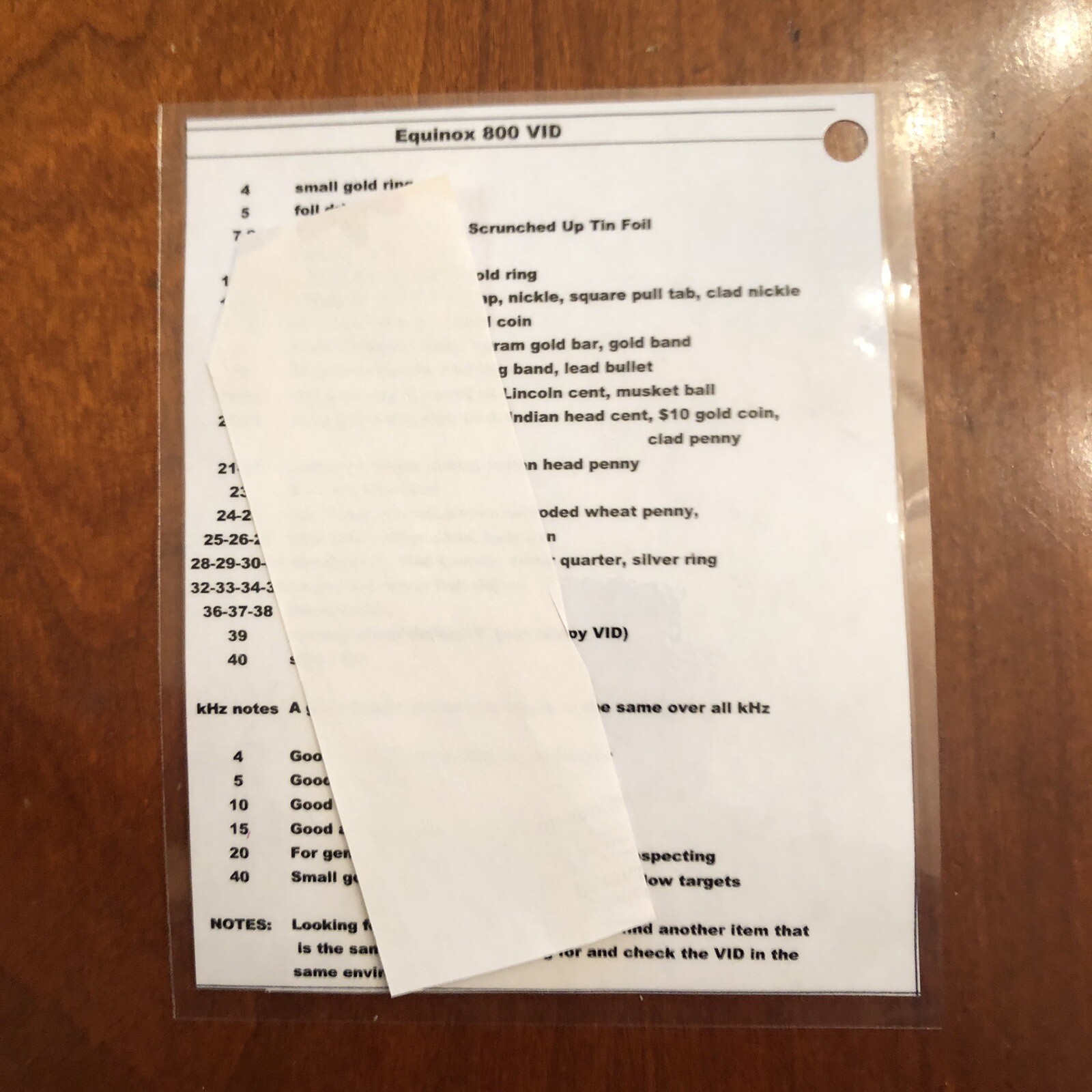 Laminated Target Id Equinox 800 Vid Codes List Metal Detector