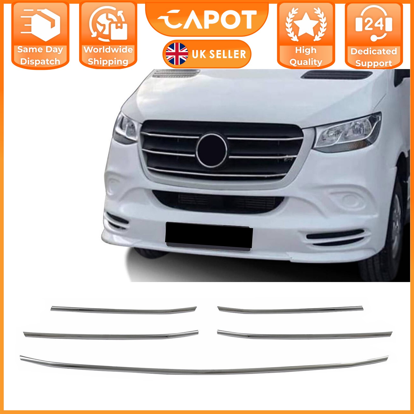 For Mercedes Sprinter W907 2018-On 5 Pcs Chrome Front Grill Trim Cover S.Steel