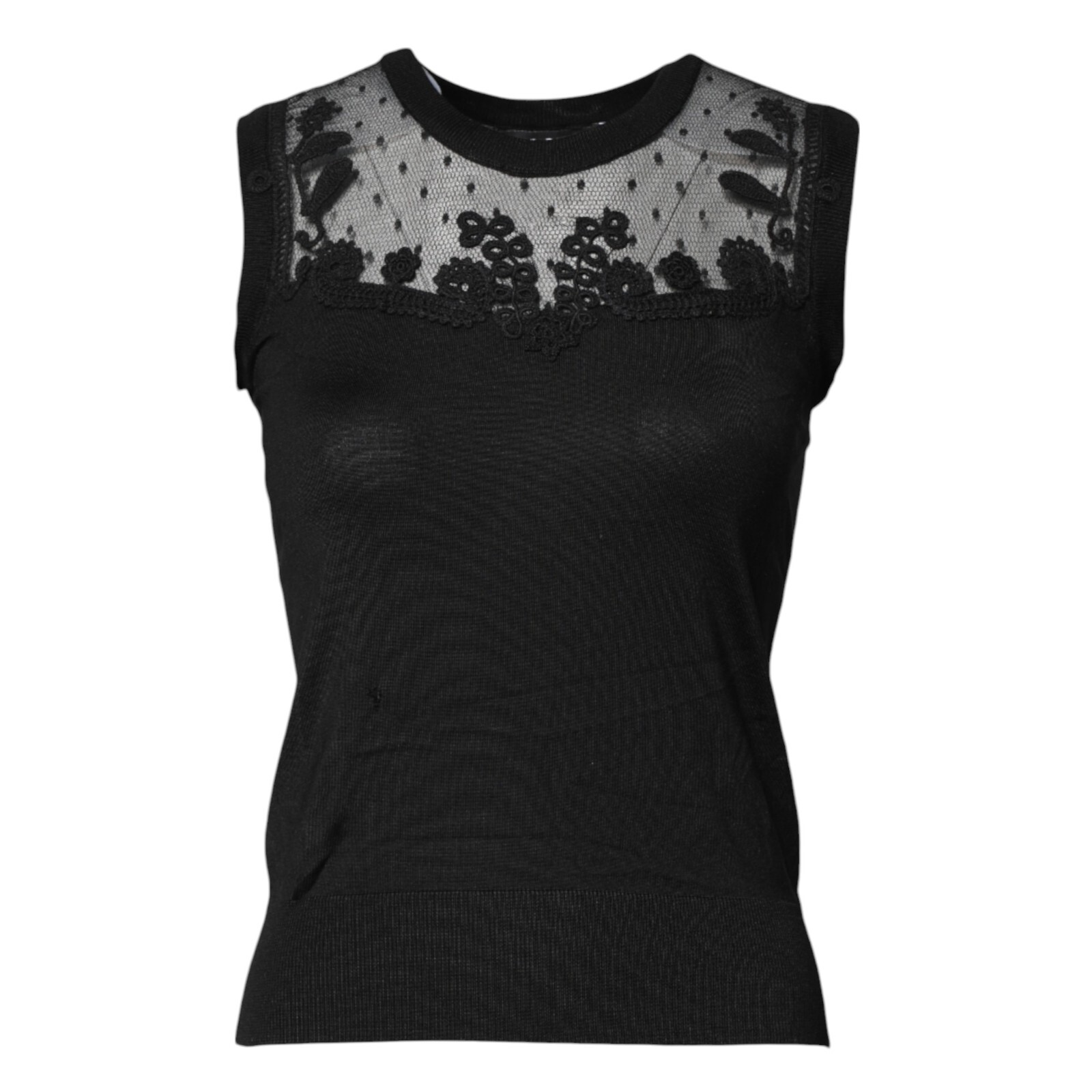 DOLCE & GABBANA Top Black Lace Sheer Crew Neck Sleeveless
