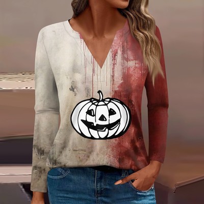 Women's T Shirt Tee Print Button Long Sleeve Daily Weekend Fashion Basic V Neck