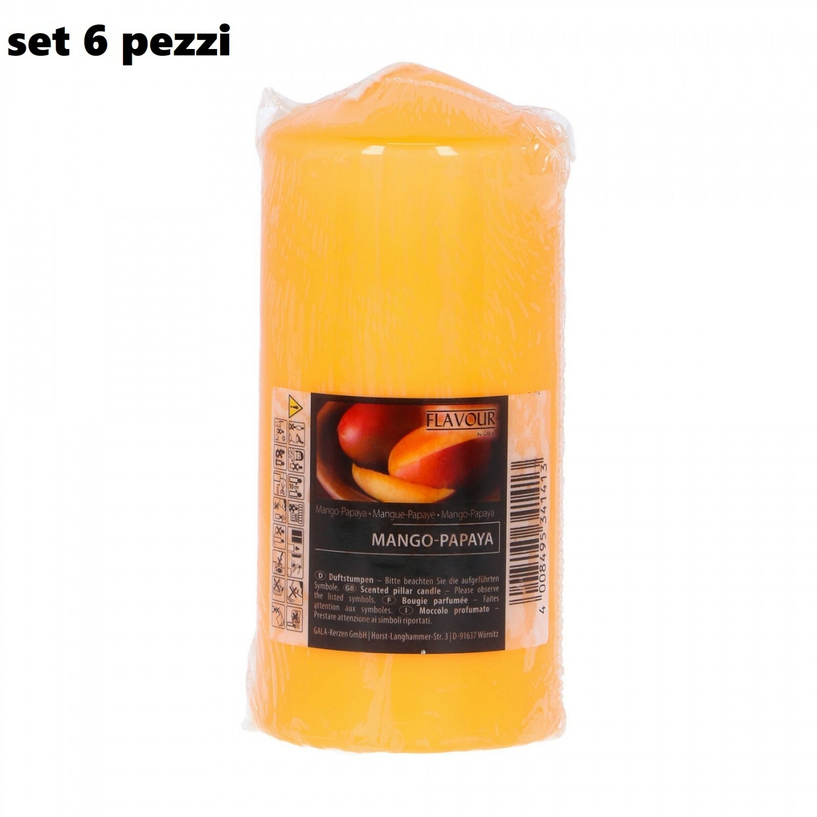 Set 6 Pezzi Candele Cera Profumate Fragranza Mango Papaya 6,5x14cm dfh