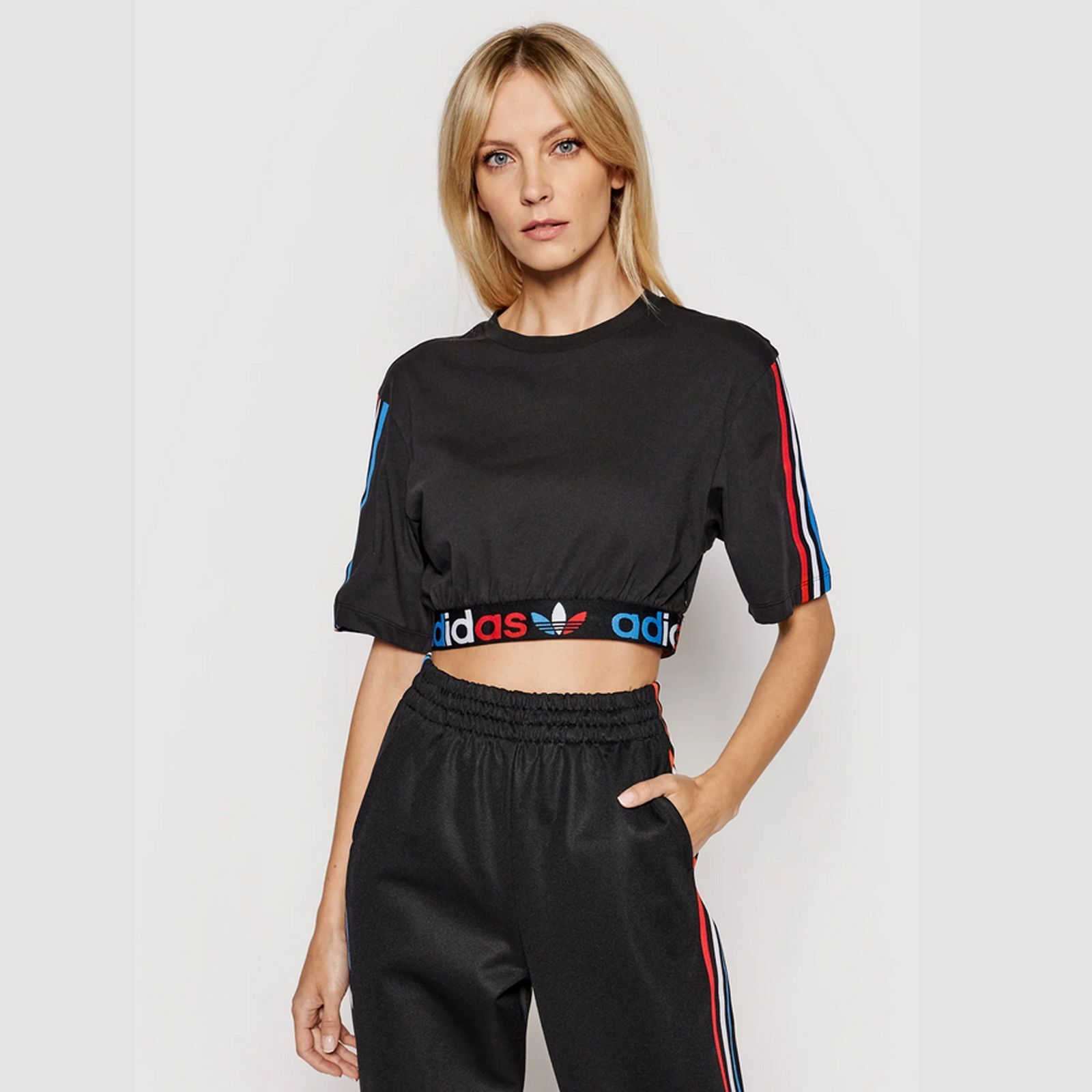 adidas originals adicolor three stripe cropped top in black