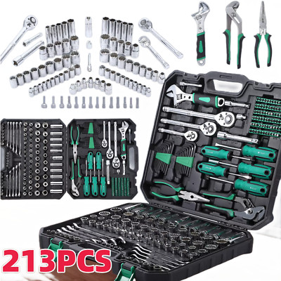 213pcs Mechanics Tool Set 1/4" 3/8" 1/2" Metric Socket Wrench Set Tool Kit &Case