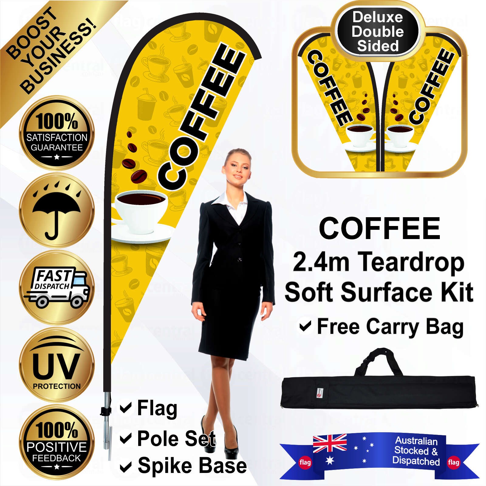COFFEE Deluxe Double-Sided Yellow 2.4m Teardrop Flag / Banner Kit with Pole Set, Galvanised Steel Ground Spike and a Free Carry Bag