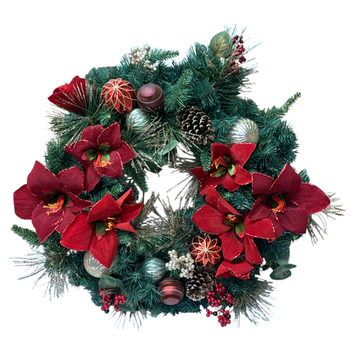 Members Mark 60 Warm White LED Pre-Lit Decorated Holiday Wreath, 32 Poinsettia