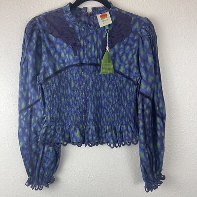 Farm Rio Womens Multicolor Leopard Smocked Ruffle Zip Back Pop Blouse Top Small