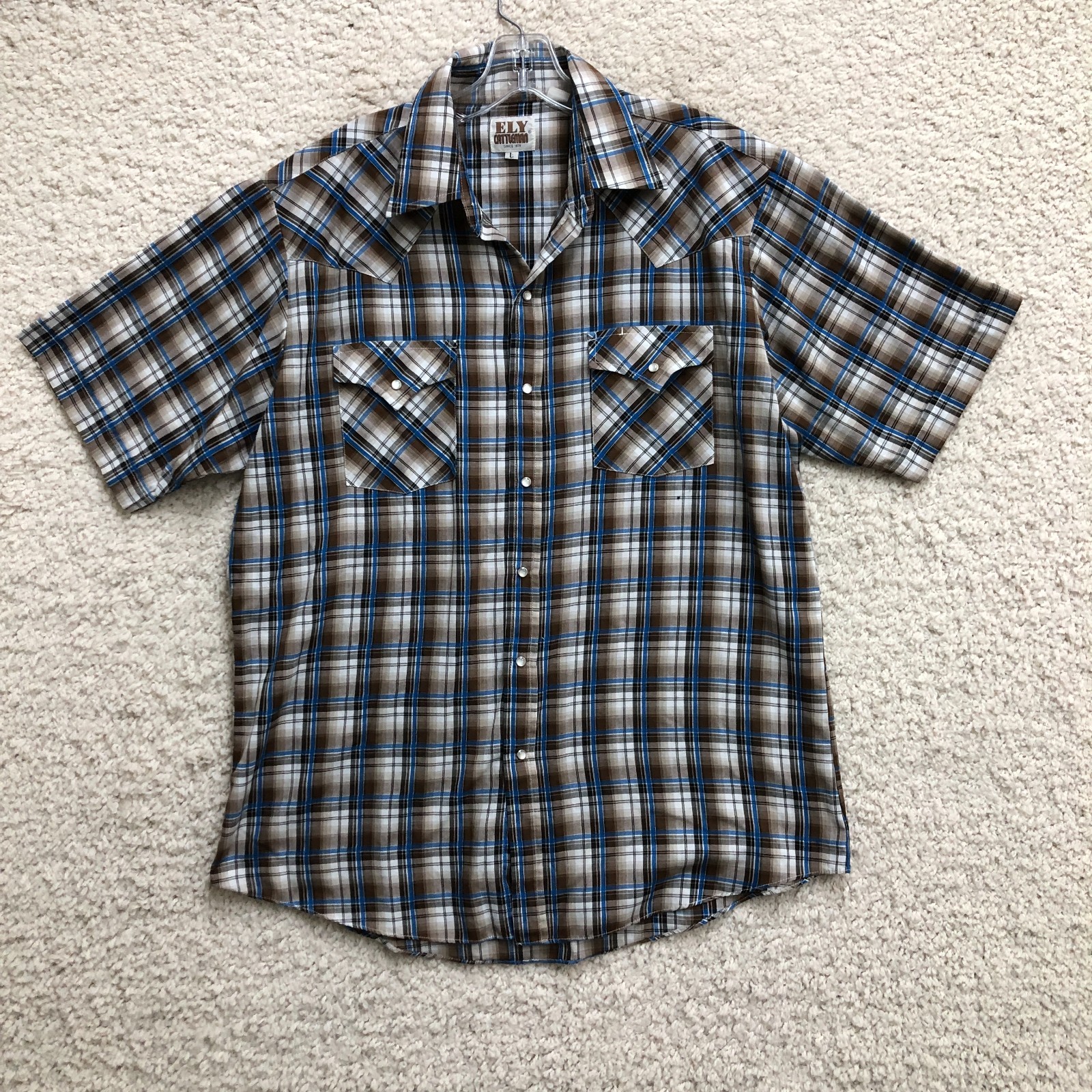 ELY Cattleman Button Up Shirt Large Adult Blue Plaid Pearl Snap Western Mens L