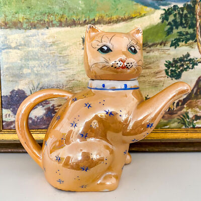 Vtg Peach Lusterware Chinese Export Lucky Cat Maneki Neko Figural Teapot Creamer