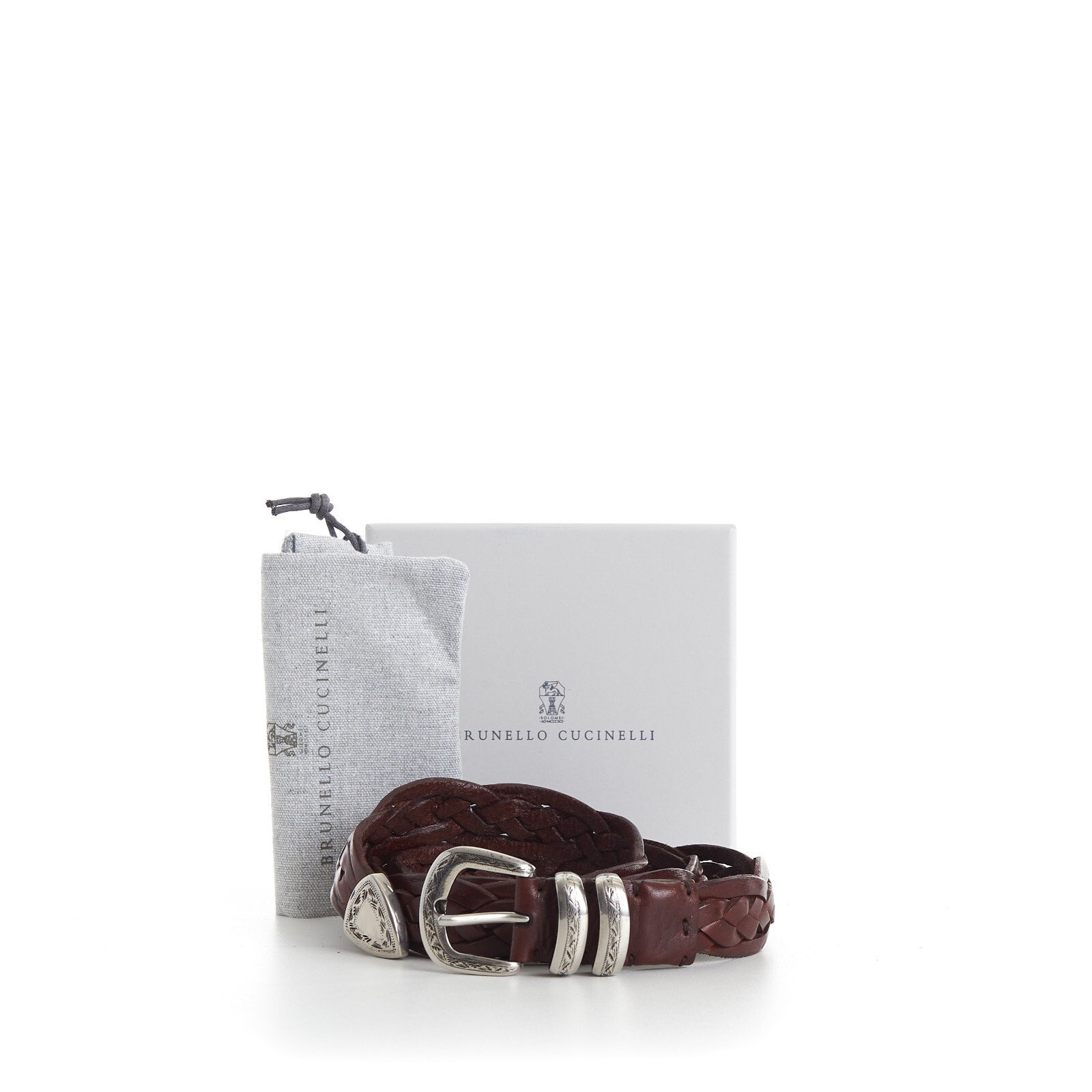 Pre-owned Brunello Cucinelli 1150$ Brown Braided Leather Dress Belt - Engraved Buckle Tip