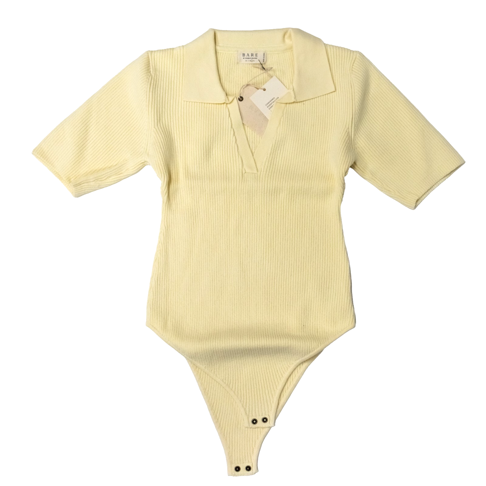 BARE by Charlie Holiday Ribbed Knit Collared Bodysuit Size LARGE Lemon Yellow