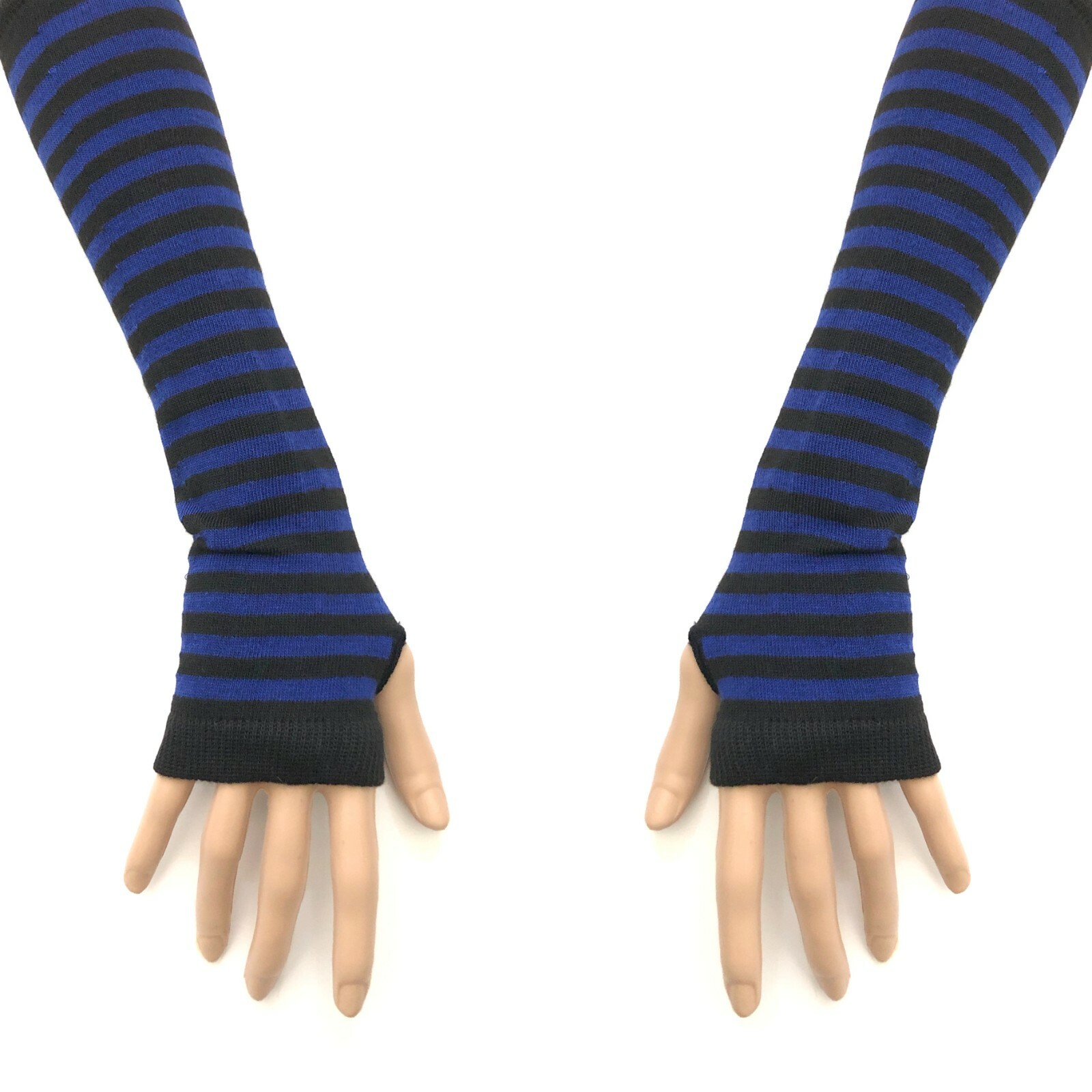 80s 90s Gothic Punk Glam Rock Emo Blue Black Stripe Knit Arm 80s 90s Gothic Punk Glam Rock Emo Blue Black Stripe Knit Arm