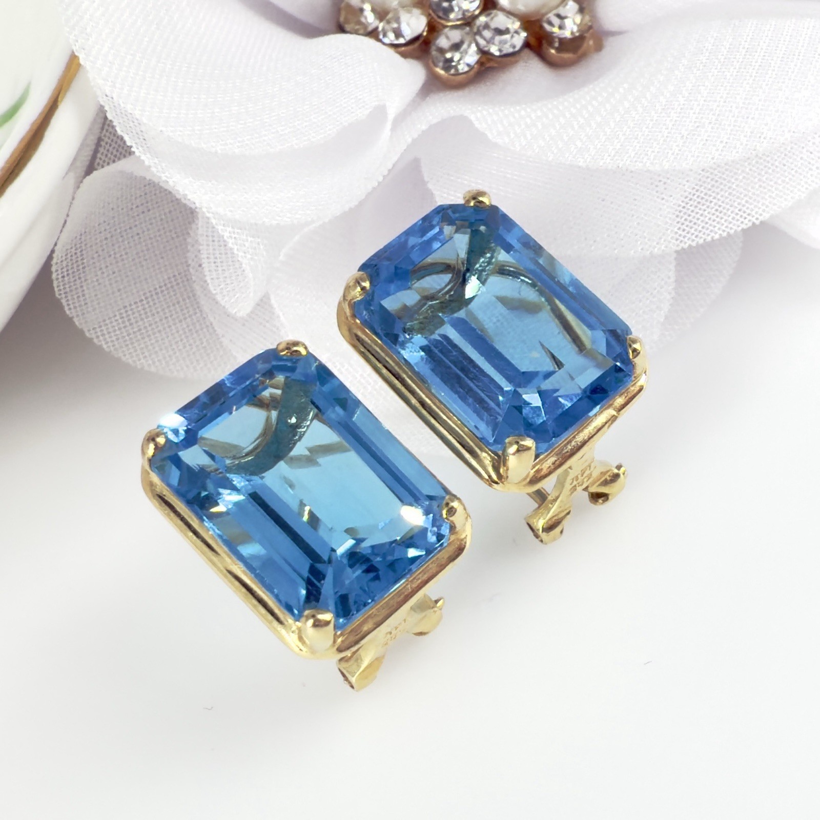 14k Yellow Gold Swiss Blue Topaz Omega Back Earrings, Preowned - Picture 11 of 12