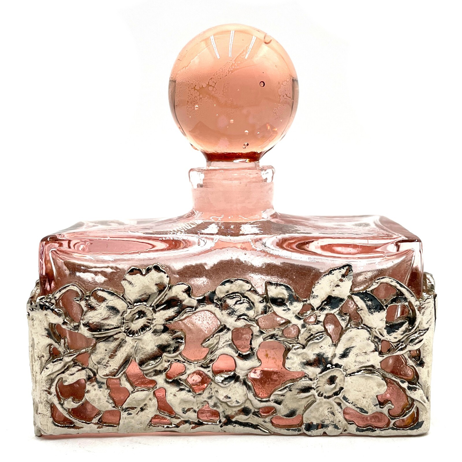 VTG Perfume Bottle Square Pink Art Glass Encased Pewter
