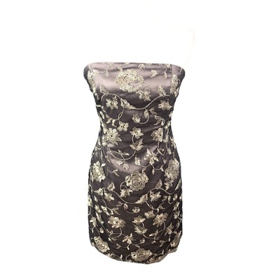 Adrianna Papell Dress Womens 4 Gold Metallic Floral Overlay Strapless Hoco Event