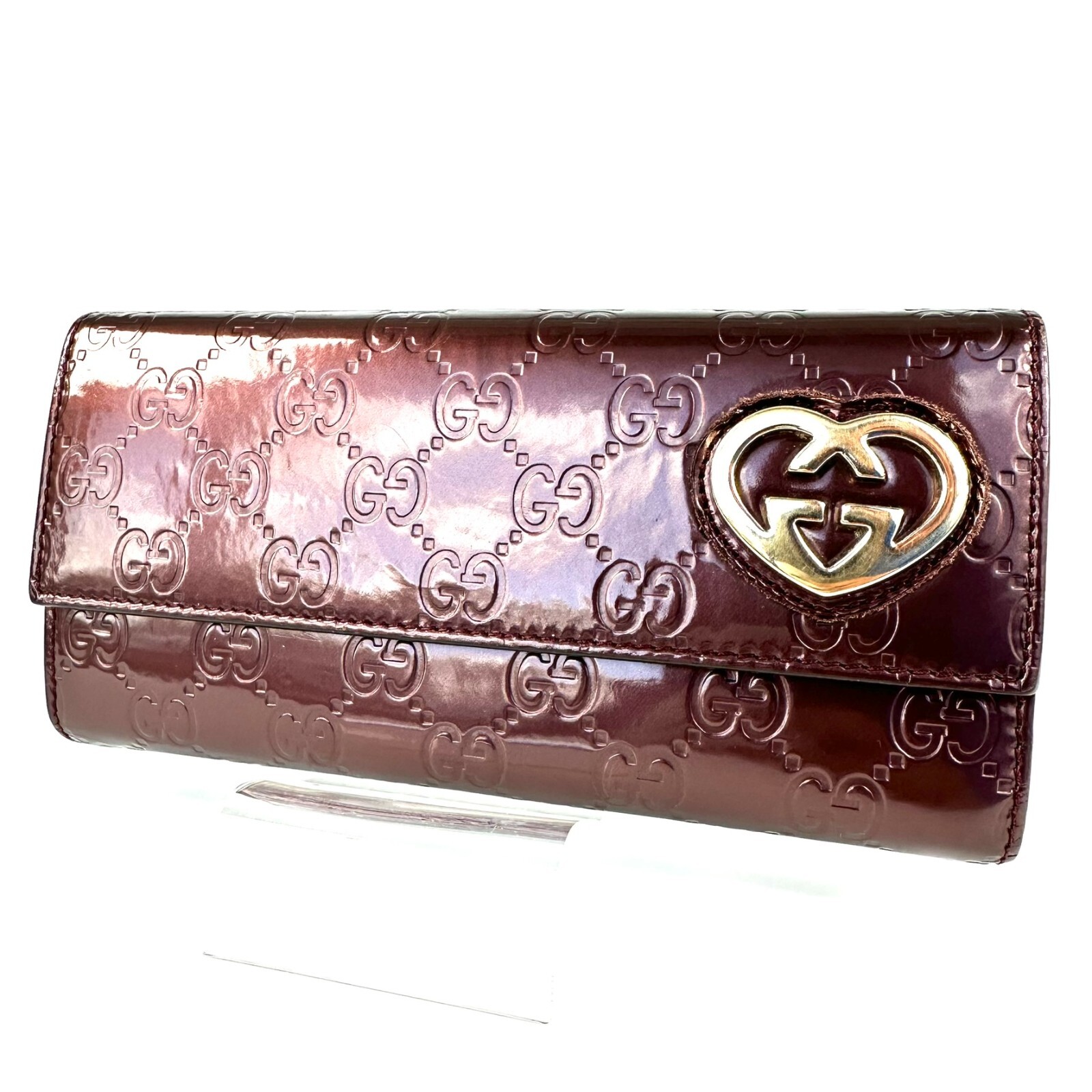 GUCCI Sima Lovely Heart GG Logo Patent Leather Long Bifold