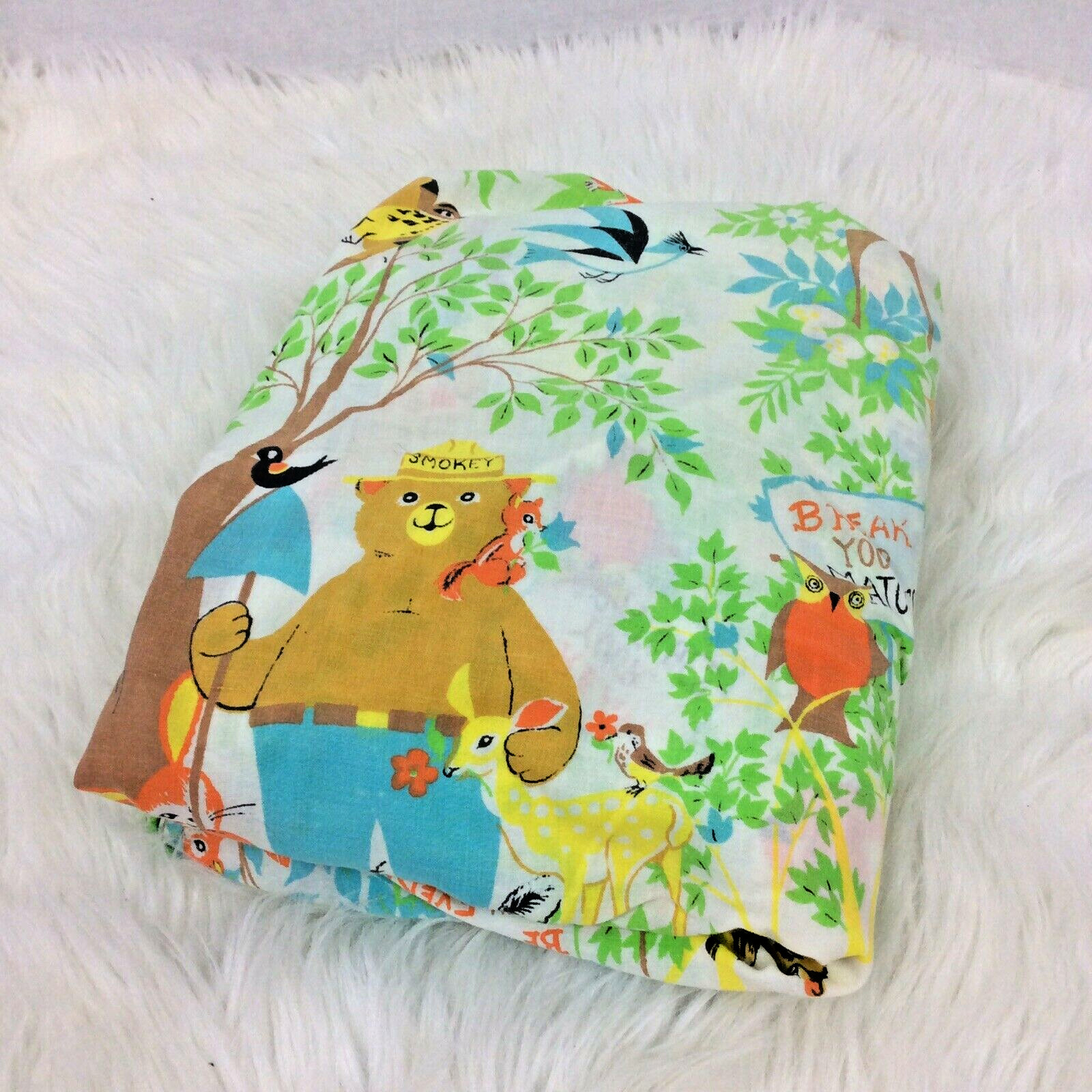 Vintage Smokey The Bear and Friend Fitted Twin Sheet 39 x 75 Mattress Fieldcrest