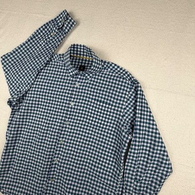 Robert Talbott Classic Mens Blue Green Gingham Linen Cotton Button Down Shirt L
