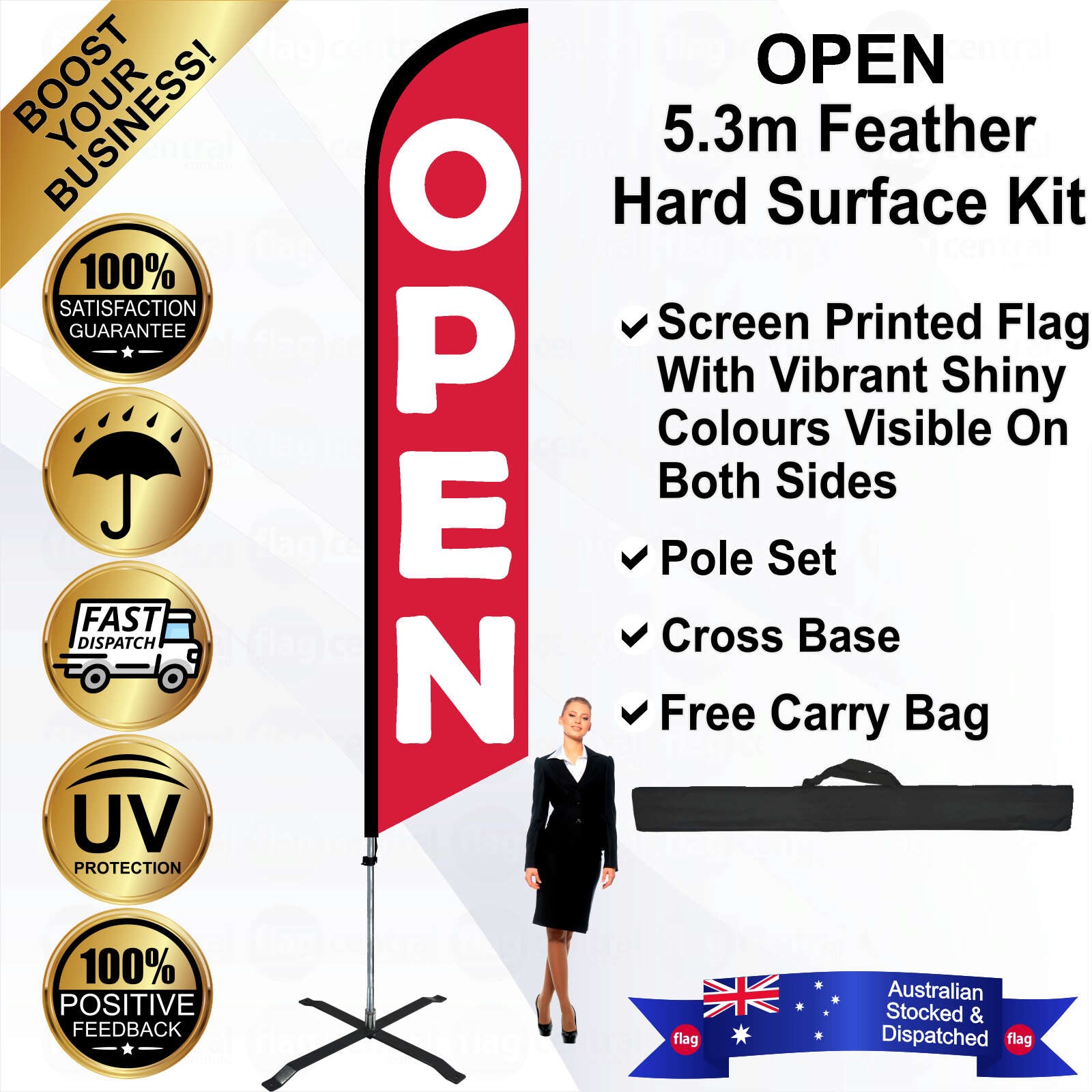 OPEN Red 5.3m Feather Flag / Banner Kit with Pole Set, Steel Outdoor Cross Base and a Free Carry Bag