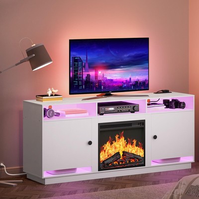 With Led Lights And Power Outlets, White Tv Conso...