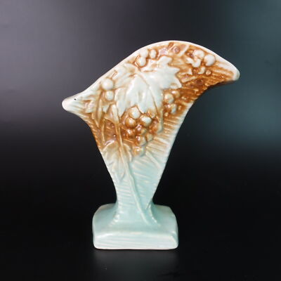 Vintage McCoy Art Pottery Vase Grapes & Leaves Green & Brown Rustic Line 1940s