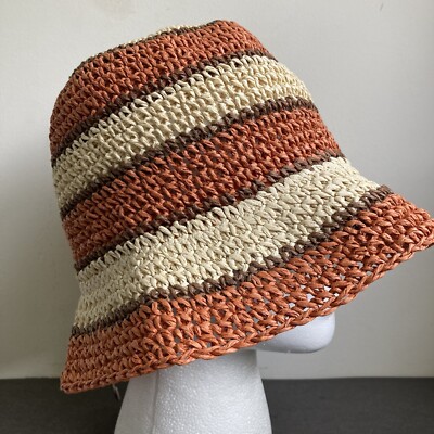Zara Multicolored Striped Woven Straw Crochet Bucket Hat, NWOT Sz S