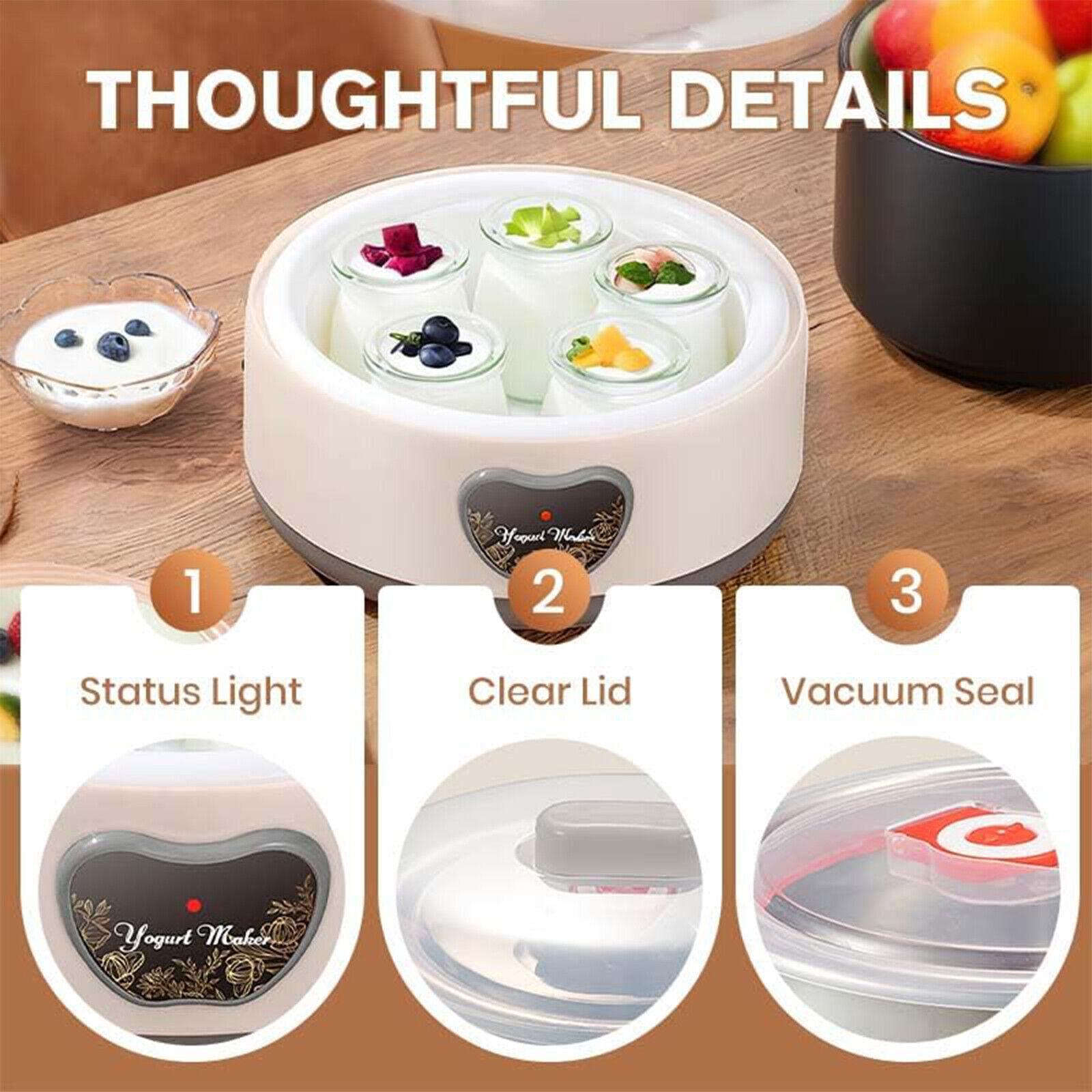 Yogurtiera Probiotica 1200ml - 5 Vasetti Vetro, Display LED, Bianco - Foto 4