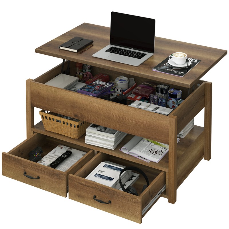 2 Drawer Lift Top Coffee Table Wooden with Hidden Compartment & Storage Shelves
