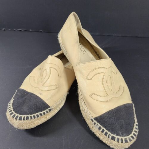 Chanel Women's Lambskin Leather CC Cap Toe Espadrilles Beige Chanel Women's Lambskin Leather CC Cap Toe Espadrilles Beige