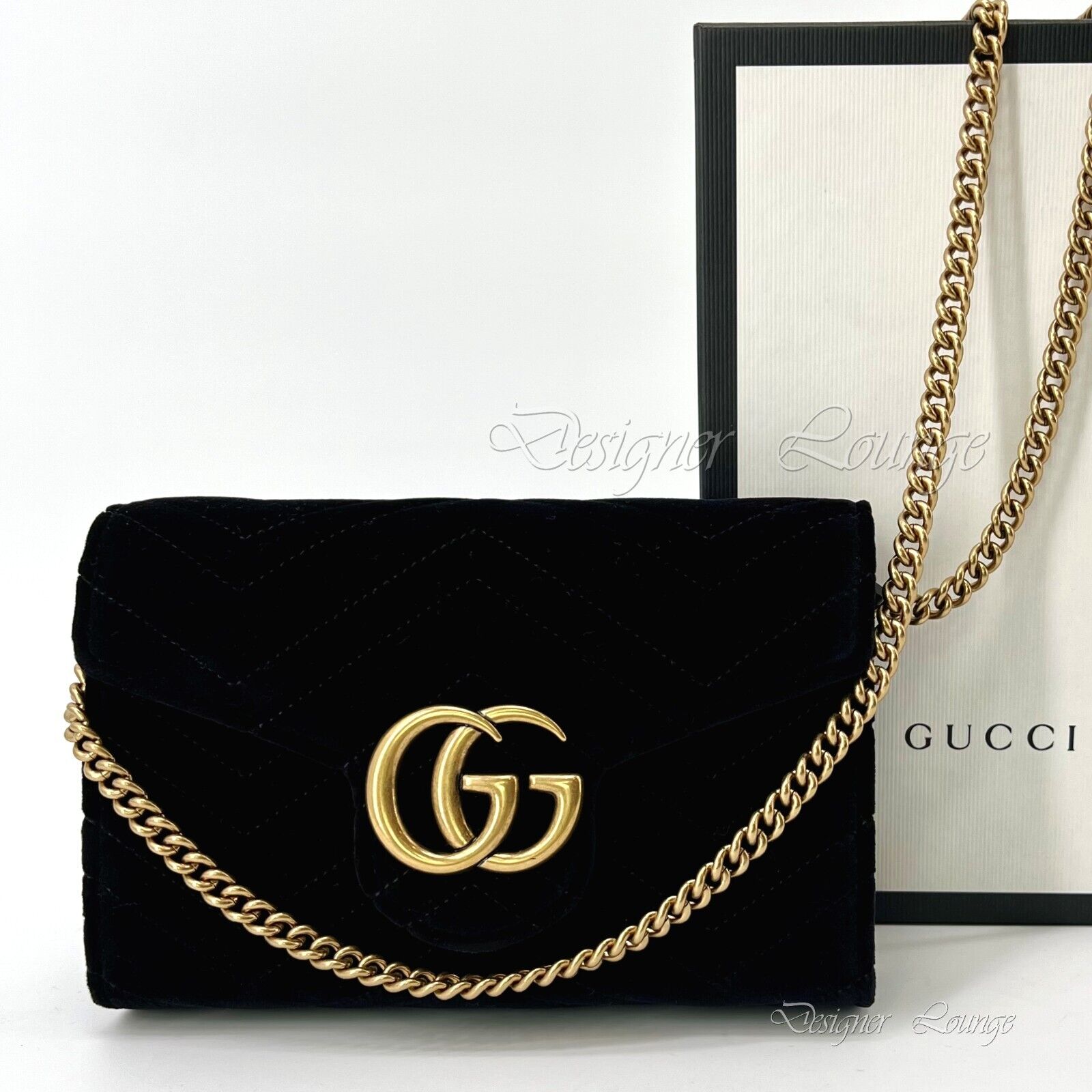 NEW GUCCI GG Marmont Matelassé Black Velvet Wallet On Chain NEW GUCCI GG Marmont Matelassé Black Velvet Wallet On Chain