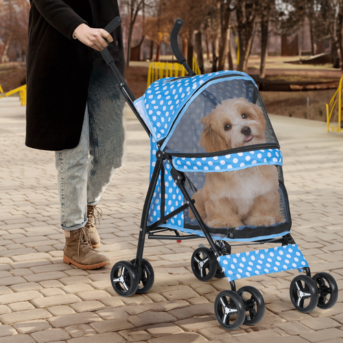 4 Wheels Foldable Pet Stroller Breathable Dog Stroller w/Storage Basket&Skylight