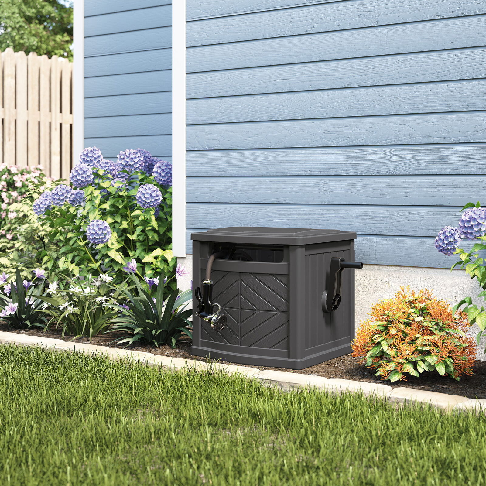 Hose Guide Hideaway W/ Brass Connections Weather Resistant Resin Garden 150 Ft